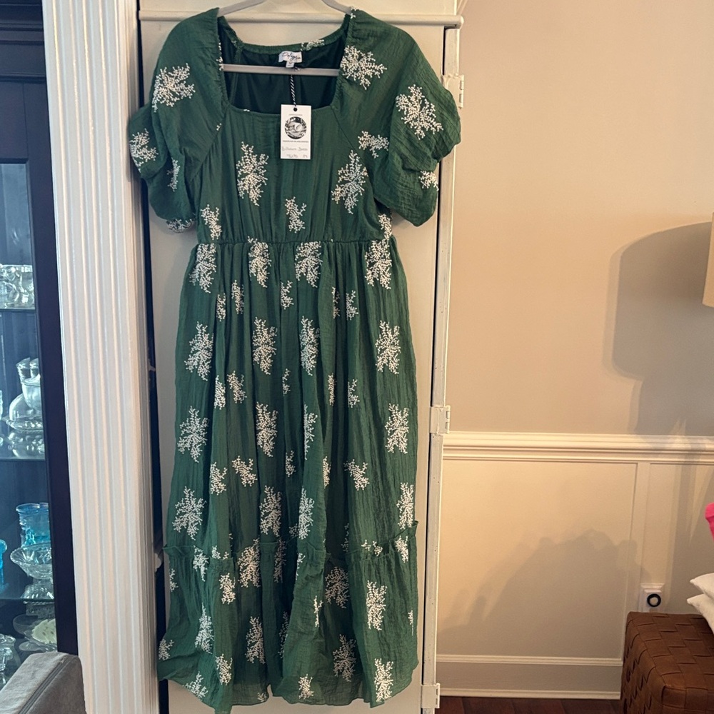 Green Dress with White Floral Embroidery